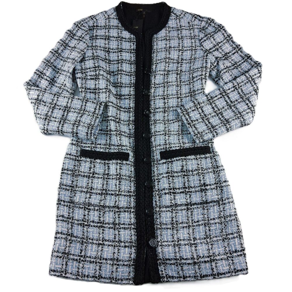 Maje Rizuli Long Sleeve Tweed Mini Dress Women's Size EU 38 Blue Plaid Lined